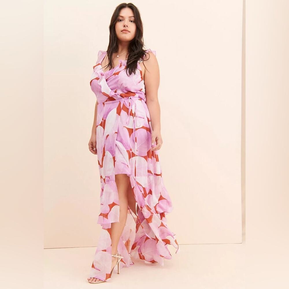 Anthropologie Pink Floral Abstract Print V-Neck Tier Maxi Wrap Dress Size Medium